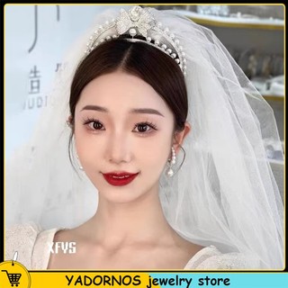 Yadornos vương miện cài tóc hình nơ đính đá & ngọc trai cho nữ