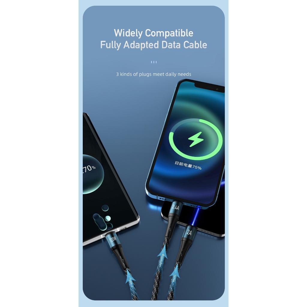 Cáp sạc siêu nhanh AWEI CL-972 thiết kế 3 trong 1 USB sang M+C+L Type C 120W thích hợp cho Samsung iPhone Huawei