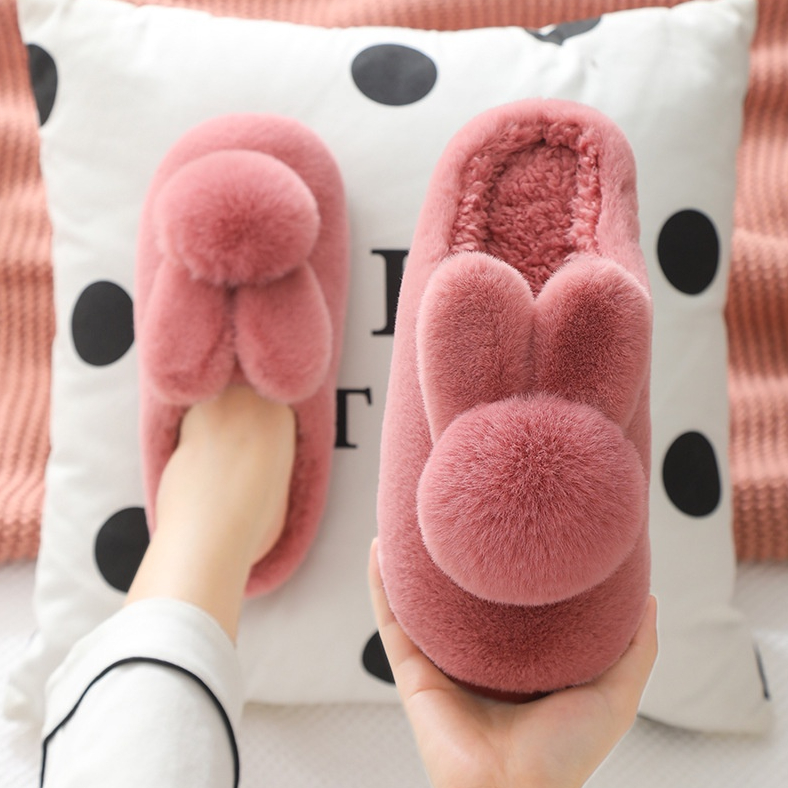 Dép Bông nhung lông tai thỏ dày chống trượt ấm áp mùa đông cho nữ big size35-42