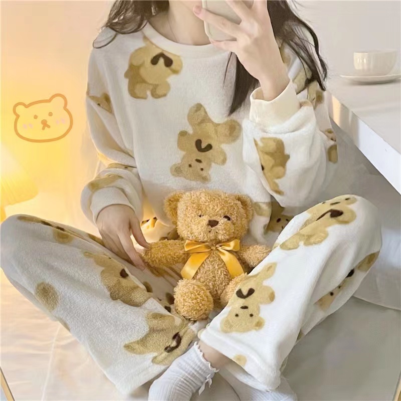YAMI bộ đồ ngủ dài tay gấu mùa đông vải lông cừu san hô pijama hoạt hình dễ thương đồ mặc nhà nữ