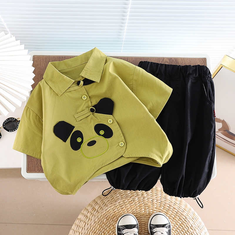 Set Đồ Mùa Hè 2 Món Gồm Áo cotton Tay Cộc In Hình Gấu Trúc Hoạt Hình + Quần Dài Thời Trang Cho Bé Trai