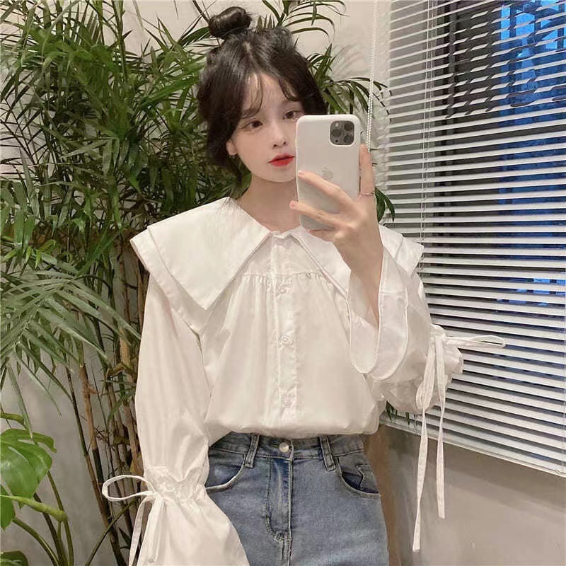 Áo Sơ Mi Trắng Tay Dài Cổ Búp Bê Phong Cách Hàn Quốc Cho Nữ,Áo sơ mi dài tay hàn quốc màu trơn dáng rộng đơn giản