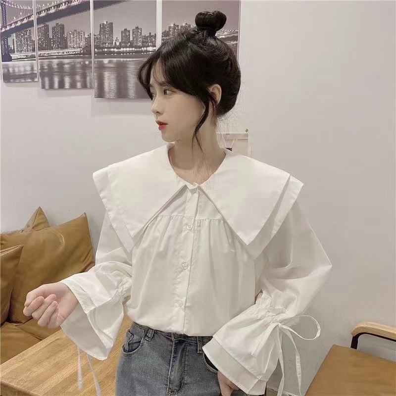 Áo Sơ Mi Trắng Tay Dài Cổ Búp Bê Phong Cách Hàn Quốc Cho Nữ,Áo sơ mi dài tay hàn quốc màu trơn dáng rộng đơn giản