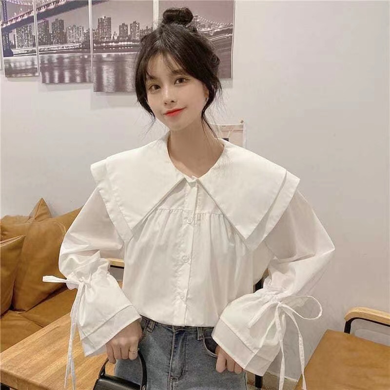 Áo Sơ Mi Trắng Tay Dài Cổ Búp Bê Phong Cách Hàn Quốc Cho Nữ,Áo sơ mi dài tay hàn quốc màu trơn dáng rộng đơn giản