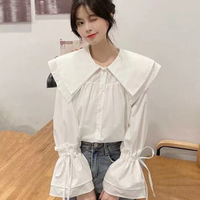 Áo Sơ Mi Trắng Tay Dài Cổ Búp Bê Phong Cách Hàn Quốc Cho Nữ,Áo sơ mi dài tay hàn quốc màu trơn dáng rộng đơn giản