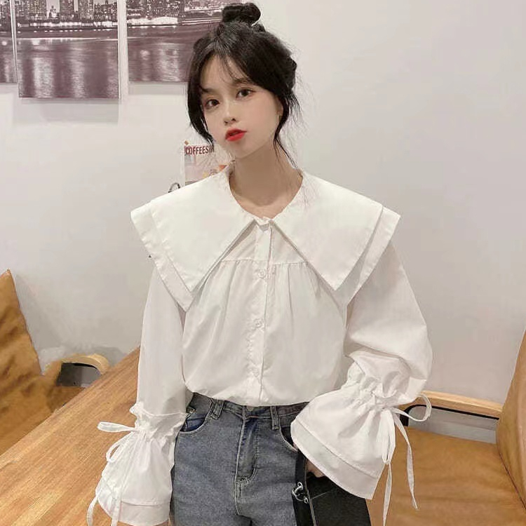 Áo Sơ Mi Trắng Tay Dài Cổ Búp Bê Phong Cách Hàn Quốc Cho Nữ,Áo sơ mi dài tay hàn quốc màu trơn dáng rộng đơn giản