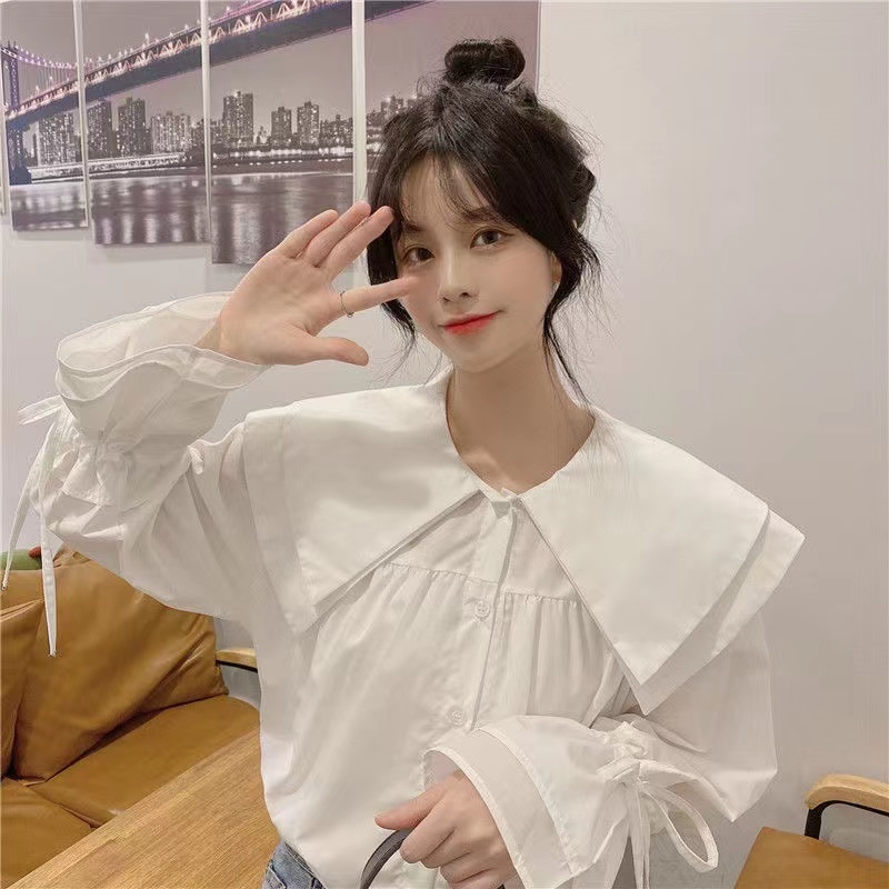 Áo Sơ Mi Trắng Tay Dài Cổ Búp Bê Phong Cách Hàn Quốc Cho Nữ,Áo sơ mi dài tay hàn quốc màu trơn dáng rộng đơn giản