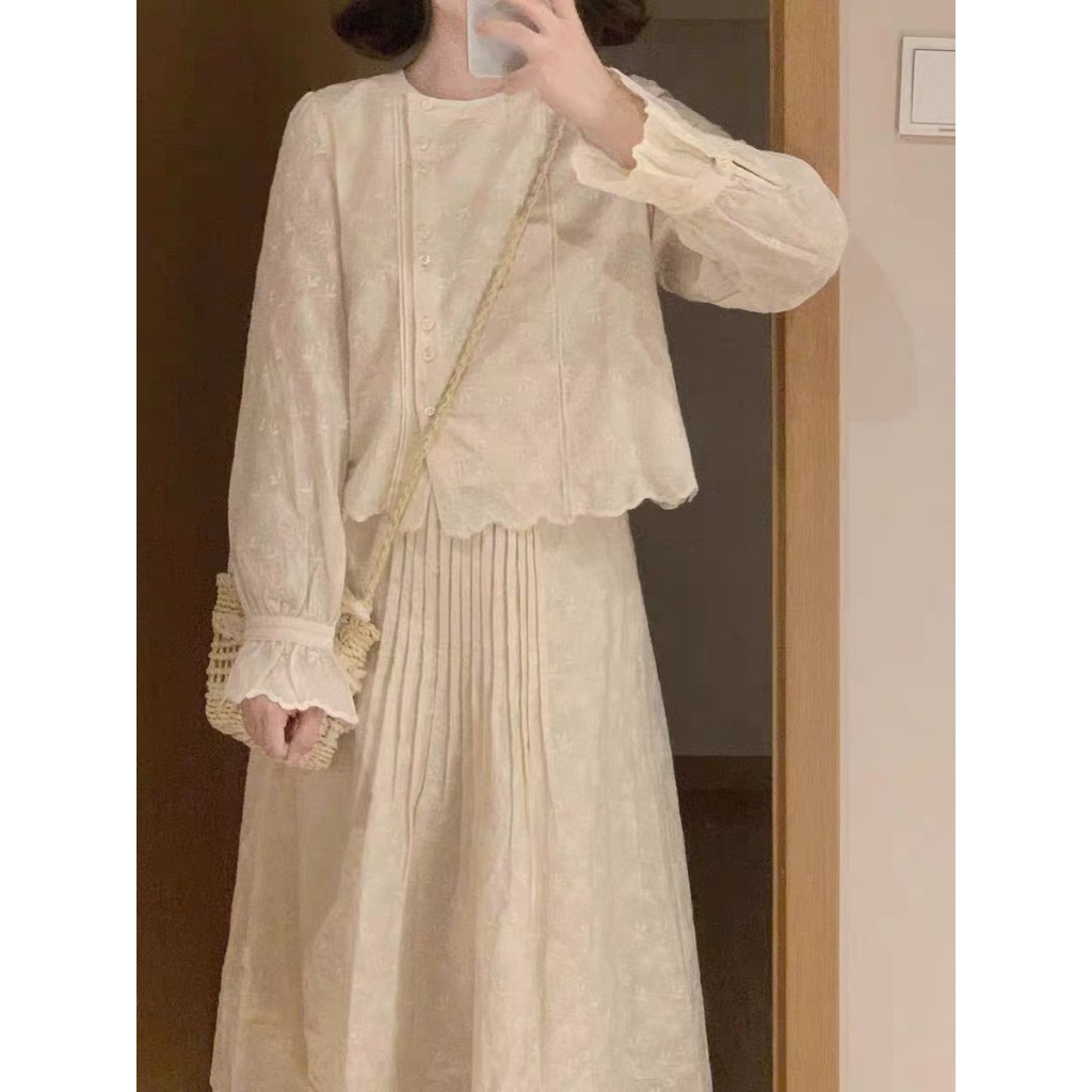 23 Bộ Áo Sơ Mi Tay Dài + Chân Váy Ren Lưng Cao Thêu Họa Tiết Phong Cách Pháp Cổ Điển Thời Trang Cho Nữ