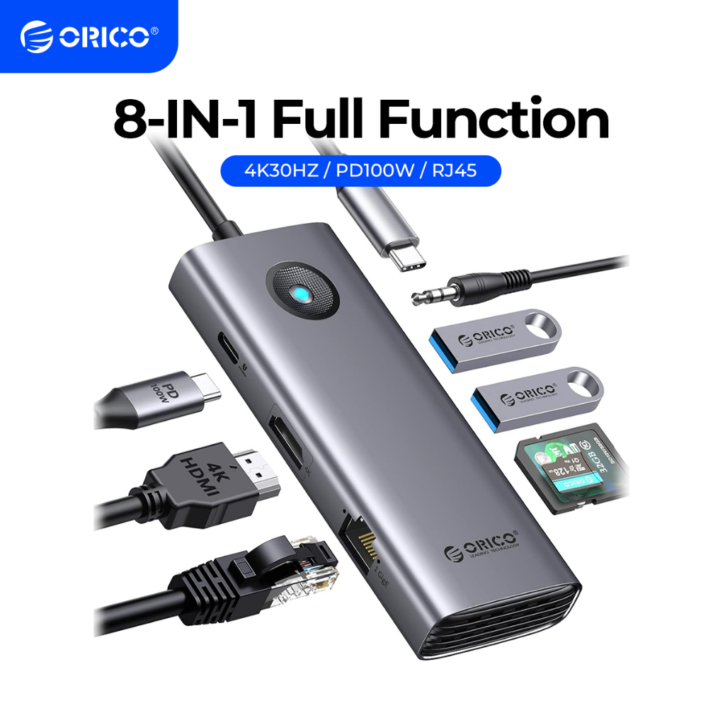 Hub chuyển đổi ORICO PW11 chia cổng USB C 8K 60Hz PD100W 8 trong 1 thích hợp cho Macbook/ Dell/ HP/ Surface/ Lenovo