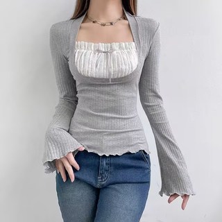 Áo Thun Tay Dài Cổ Vuông Màu Sắc Tương Phản Thanh Lịch Thời Trang Xuân Thu Cho Nữ Y2K