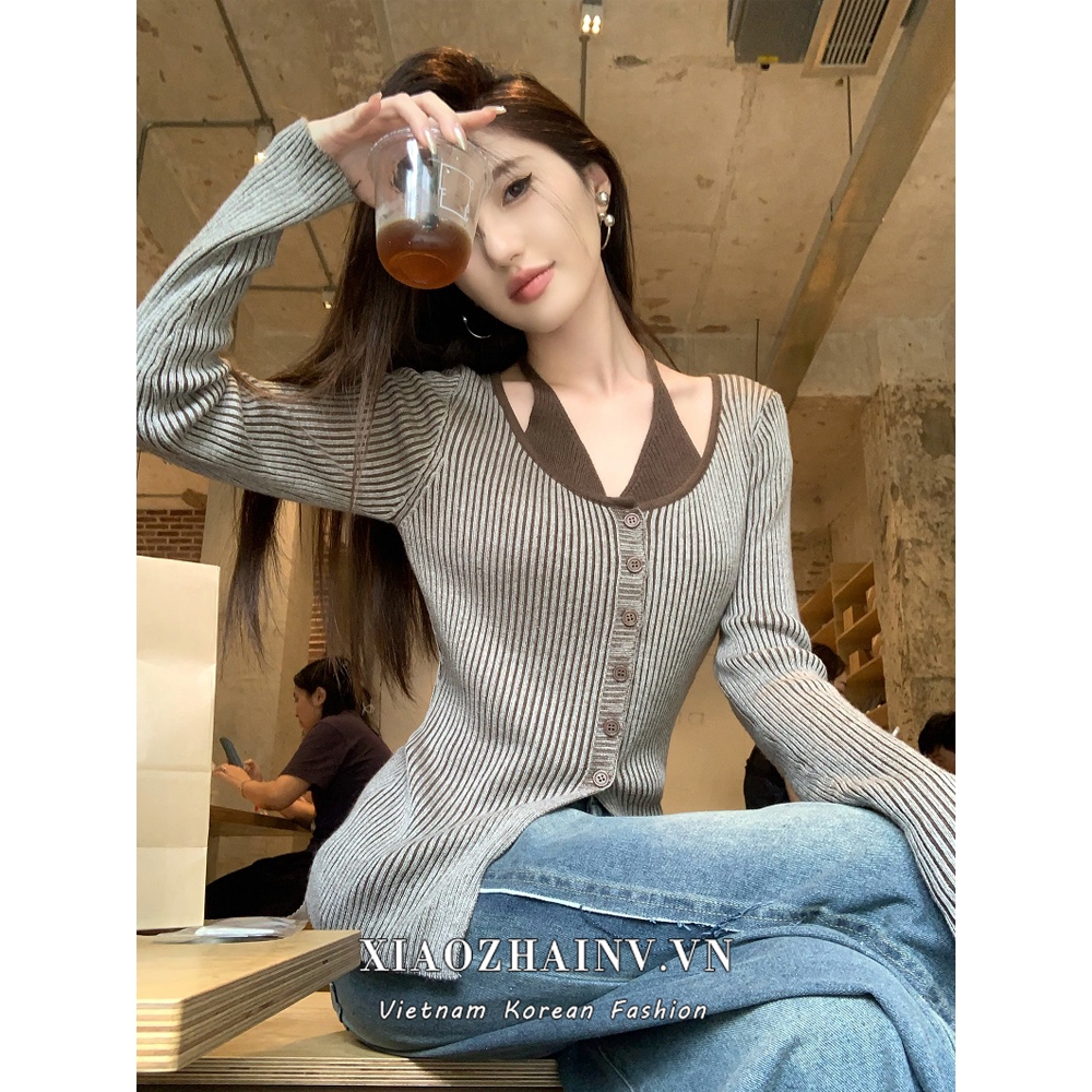 Xiaozhainv Áo Khoác cardigan Dệt Kim Tay Dài Dáng Ôm y2k Phong Cách vintage Hàn Quốc