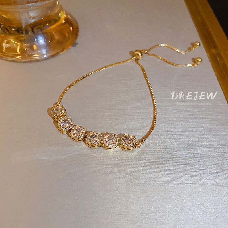 DREJEW Real gold Vòng Tay Mạ Vàng 14k Đính Đá Lấp Lánh Có Thể Điều Chỉnh Thiết Kế Đơn Giản Phong Cách Hàn Quốc