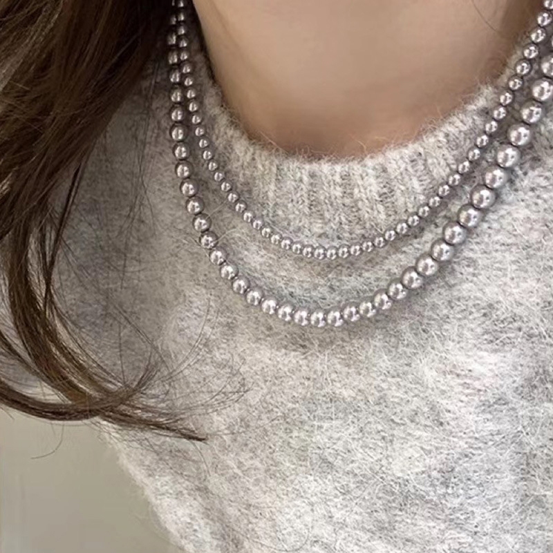 Vòng Cổ Chuỗi Hạt Thủy Tinh Màu Đen / Xám Ngọc Trai Phong Cách vintage Pháp Cho Nữ