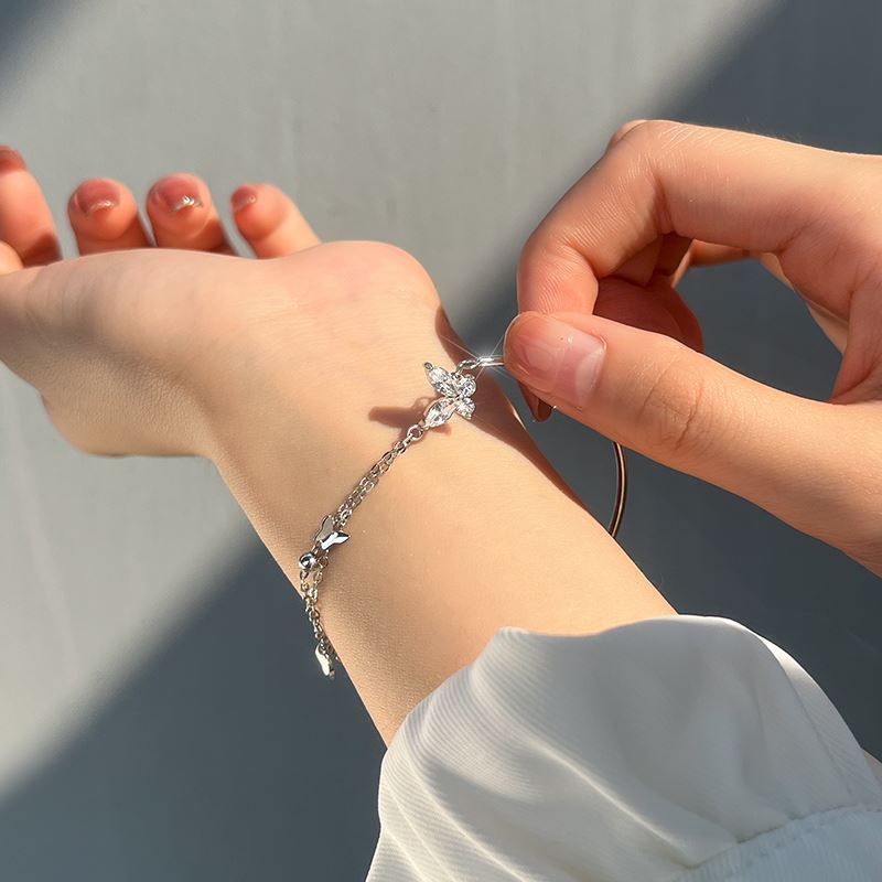 🌺🌺Vòng Tay Hai Lớp Mạ Bạc 925 Mặt Hình Bướm Đính Đá Zircon