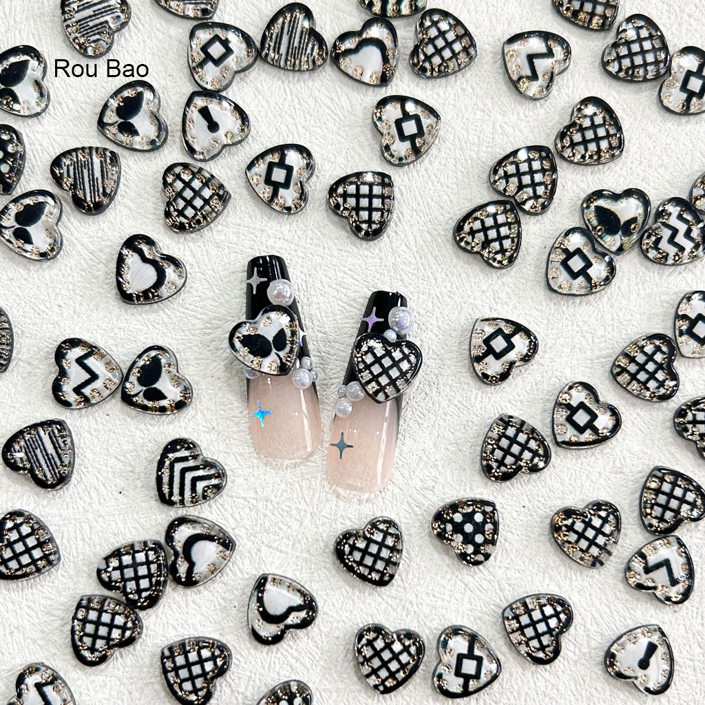 50 Phụ Kiện Trang Trí Móng Tay Rou Bao Họa Tiết Chấm Bi Và Trái Tim Màu Đen 3D Cho Nữ