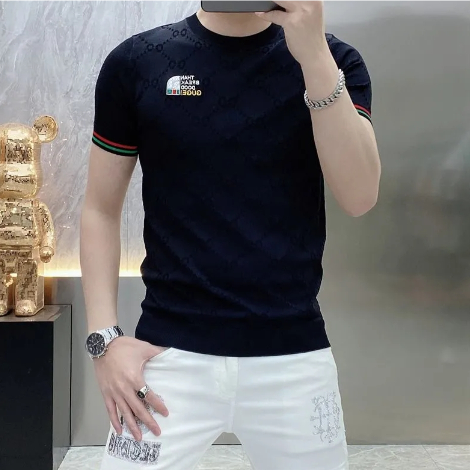 Áo Thun Tay Ngắn Dáng Ôm Họa Tiết Kẻ Sọc Phong Cách Hồng Kông Cá Tính Cho Nam