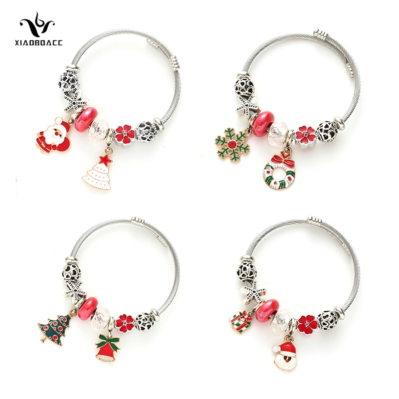 XiaoboACC Vòng Tay Giáng Sinh Bằng Thép Không Gỉ Đính Hạt Pha Lê Hình Hoa Tuyết Tuần Lộc Giáng Sinh Có Thể Điều Chỉnh Cho Nữ