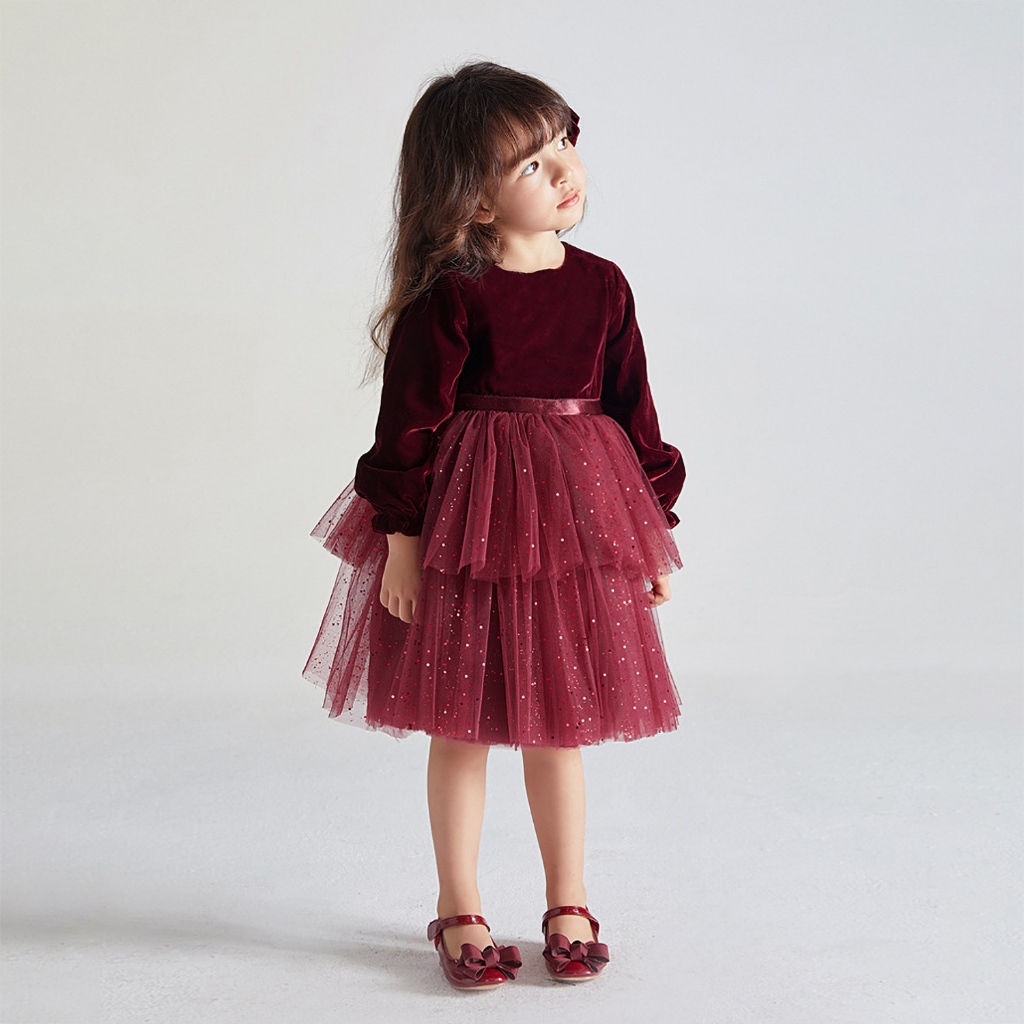 Đầm Công Chúa Tay Dài Màu Đỏ Bóng Đính Kim Sa Lấp Lánh Thời Trang Năm Mới Cho Bé Gái