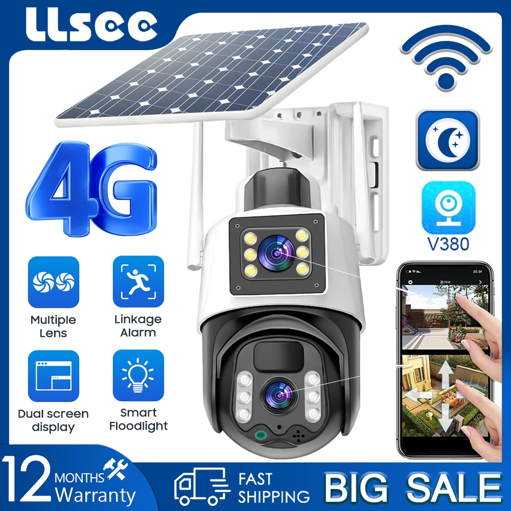 LLSEE V380 Pro 4G Camera 2 Mắt SIM Thẻ năng lượng mặt trời PTZ Camera không dây 4K 8MP Camera năng lượng mặt trời WIFI ngoài trời 360 Built-in Pin không thấm nước