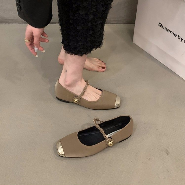 Mùa Thu Đông Pháp Retro Một Dòng Khóa Với Khối Màu Đáy Phẳng Đầu Vuông Mary Jane Giày Nữ Ánh Sáng Miệng Da Lộn Đơn Giày Nữ
