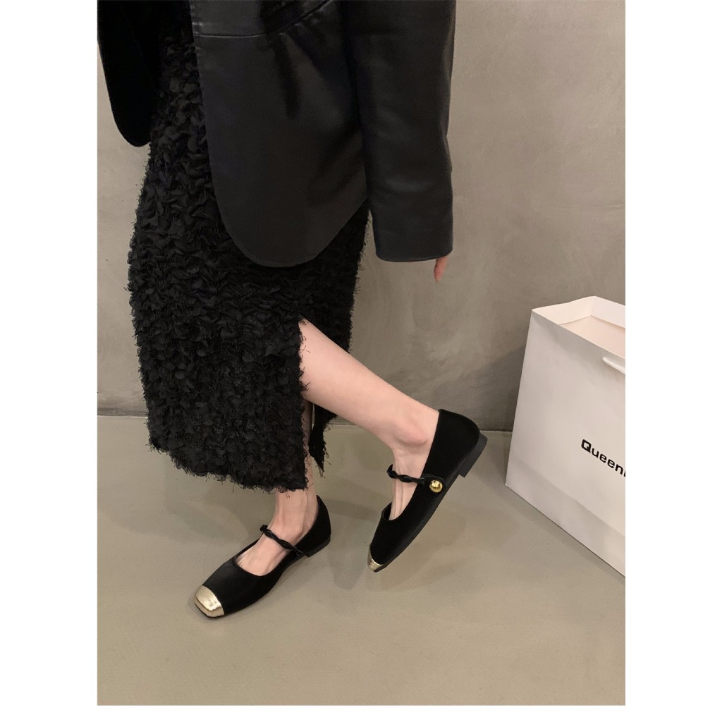 Mùa Thu Đông Pháp Retro Một Dòng Khóa Với Khối Màu Đáy Phẳng Đầu Vuông Mary Jane Giày Nữ Ánh Sáng Miệng Da Lộn Đơn Giày Nữ