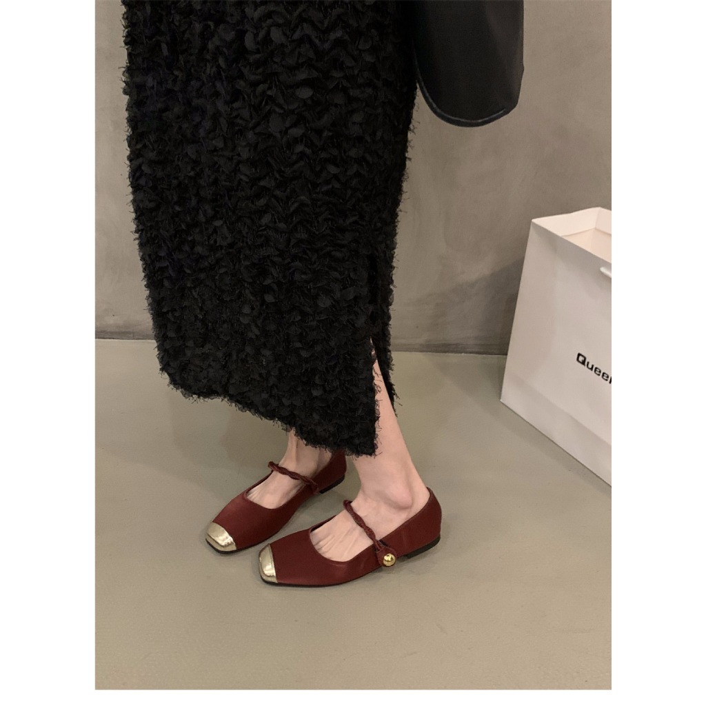 Mùa Thu Đông Pháp Retro Một Dòng Khóa Với Khối Màu Đáy Phẳng Đầu Vuông Mary Jane Giày Nữ Ánh Sáng Miệng Da Lộn Đơn Giày Nữ