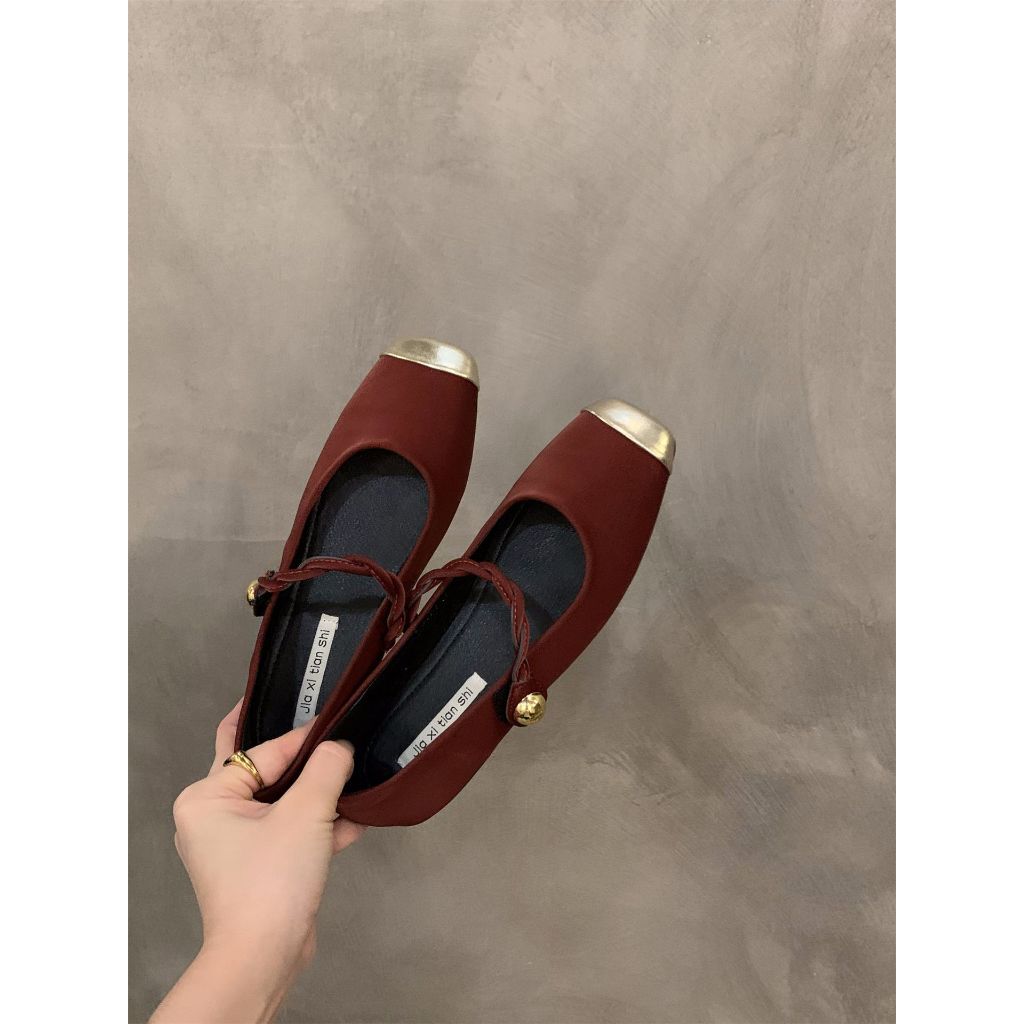 Mùa Thu Đông Pháp Retro Một Dòng Khóa Với Khối Màu Đáy Phẳng Đầu Vuông Mary Jane Giày Nữ Ánh Sáng Miệng Da Lộn Đơn Giày Nữ
