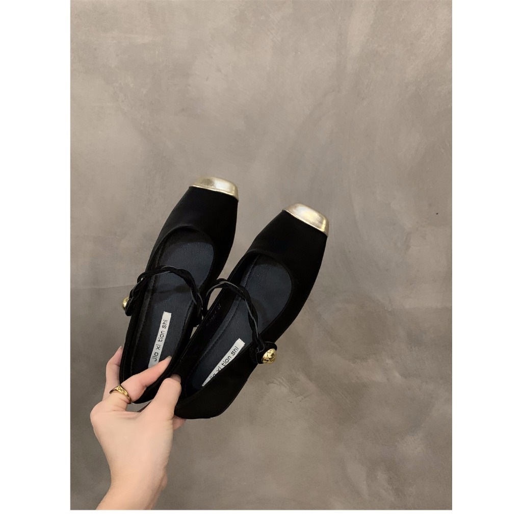 Mùa Thu Đông Pháp Retro Một Dòng Khóa Với Khối Màu Đáy Phẳng Đầu Vuông Mary Jane Giày Nữ Ánh Sáng Miệng Da Lộn Đơn Giày Nữ