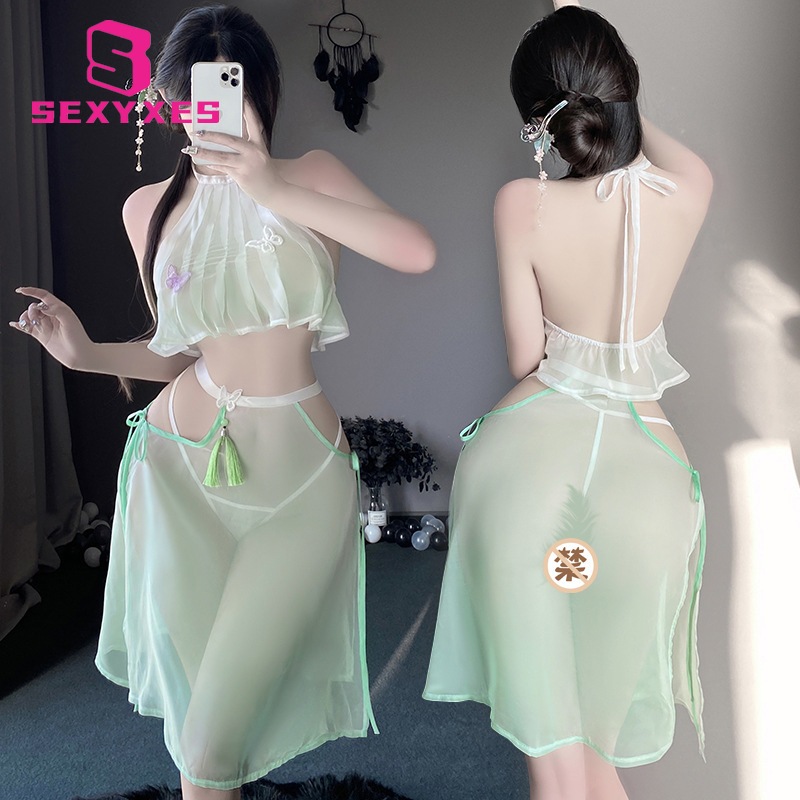 Bộ Đồ Ngủ Kiểu Hán Phục Hình Bướm Trái Tim Vải Gạc Mềm Mại Màu Xanh Lá Cây Quyến Rũ