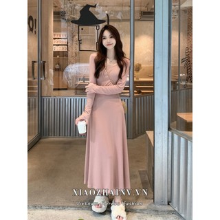 Xiaozhainv Đầm midi Dệt Kim Tay Dài Cổ Chữ u Màu Xanh Dương Khí Chất Thời Trang Hàn Quốc Cho Nữ