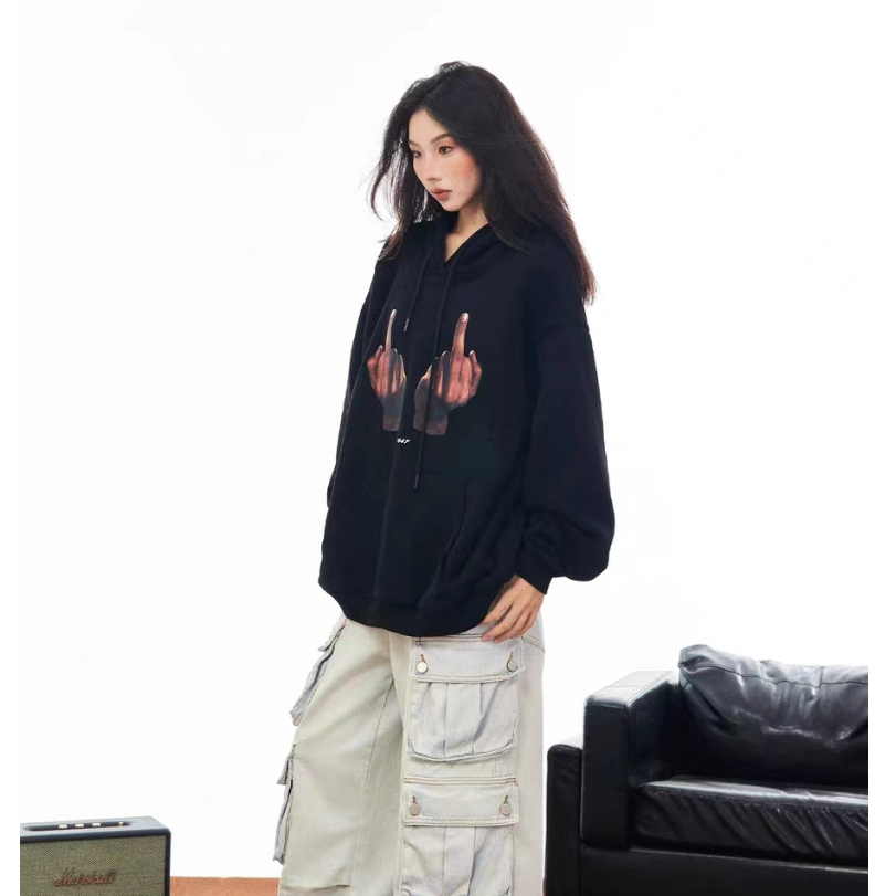 Yazhiniao Áo Hoodie Dáng Rộng Hình Ngón Tay Giữa Phong Cách retro Mỹ