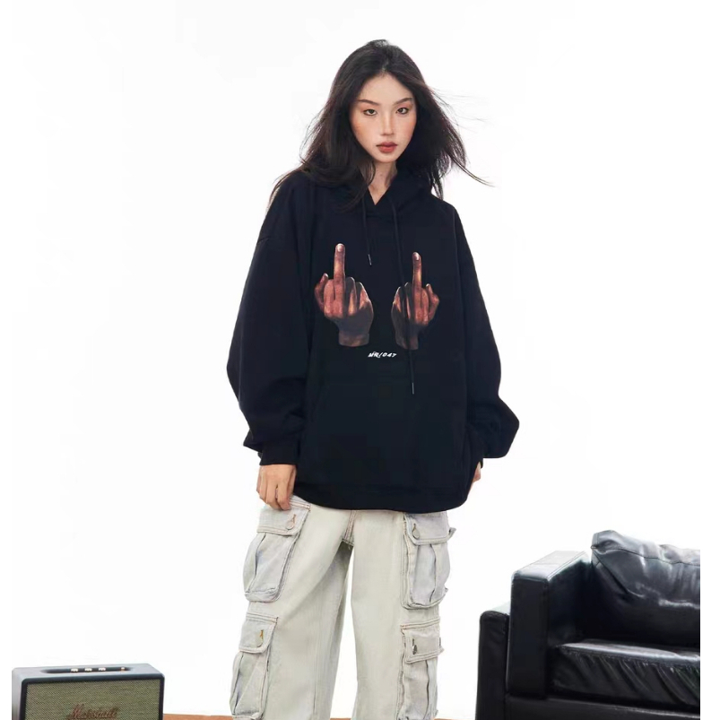 Yazhiniao Áo Hoodie Dáng Rộng Hình Ngón Tay Giữa Phong Cách retro Mỹ