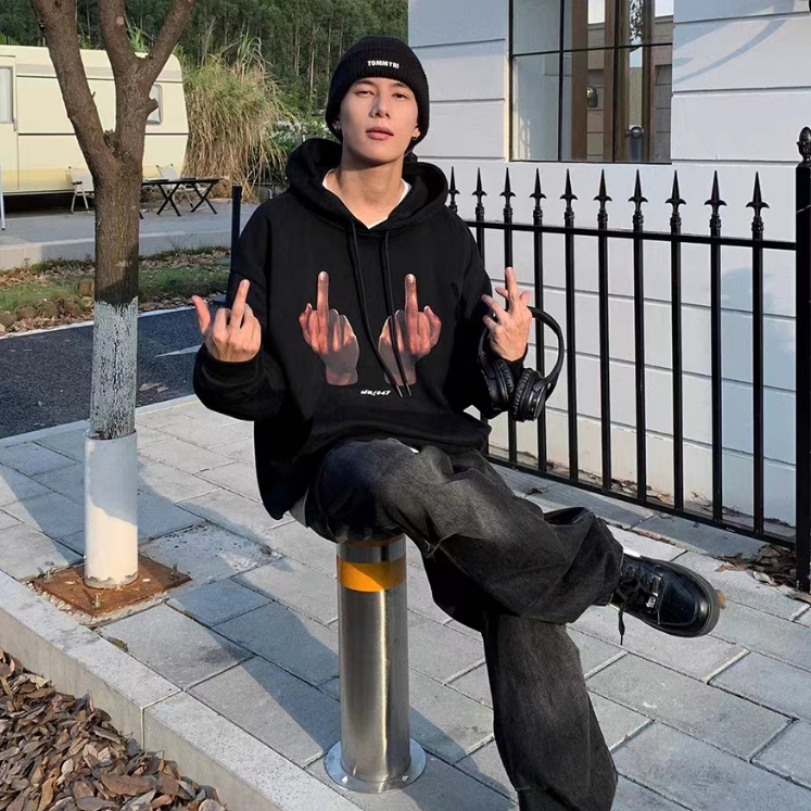 Yazhiniao Áo Hoodie Dáng Rộng Hình Ngón Tay Giữa Phong Cách retro Mỹ