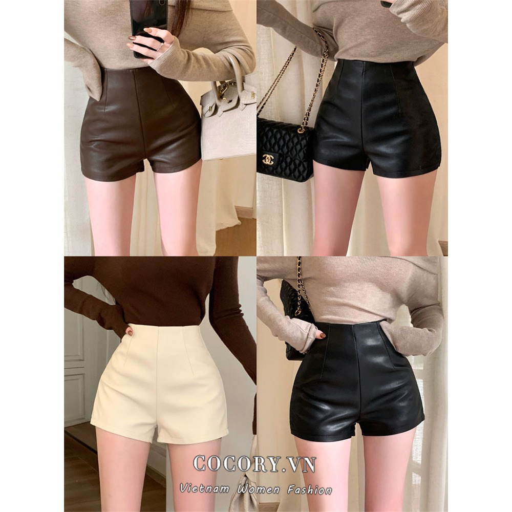 Cocory vn Quần Short Nữ Da pu Lưng Cao Thời Trang Hàn
