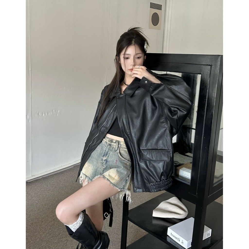 Lalisas Áo Khoác Da pu Tay Dài Dáng Rộng Phong Cách retro Mỹ Thời Trang Mùa Thu Dành Cho Nữ