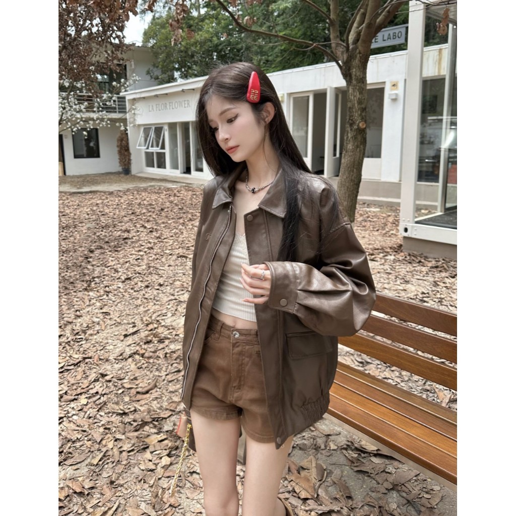 Lalisas Áo Khoác Da pu Tay Dài Dáng Rộng Phong Cách retro Mỹ Thời Trang Mùa Thu Dành Cho Nữ