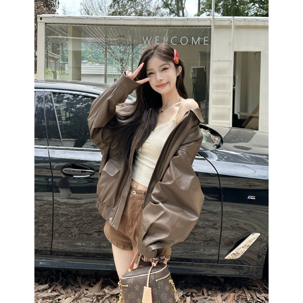 Lalisas Áo Khoác Da pu Tay Dài Dáng Rộng Phong Cách retro Mỹ Thời Trang Mùa Thu Dành Cho Nữ