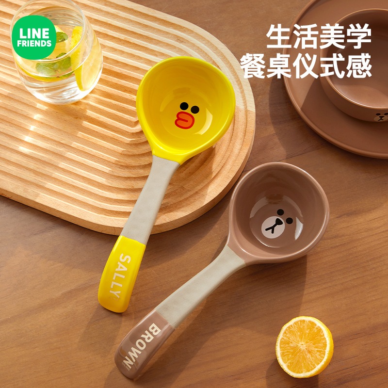 Line friends Muỗng Ăn Súp Bằng Gốm Tay Cầm Dài Phong Cách Nhật Bản