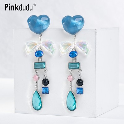 Pinkdudu Bông Tai Hình Giọt Nước Tình Yêu Gợn Sóng Màu Xanh Dương Kim Bạc Dễ Thương Bông Tai Tua Rua Nơ Sang Trọng Nhẹ Lãng Mạn Cho Nữ Trang Sức PD1539