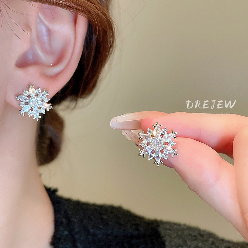 DREJEW Bông Tai Mạ Bạc 925 Hình Bông Tuyết Đính Đá zircon Thời Trang Cho Nữ