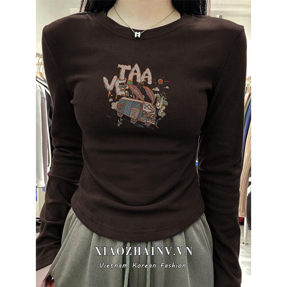 Xiaozhainv Áo Thun Tay Dài Cổ Thuyền Ôm Dáng 5 Màu Tùy Chọn Thời Trang retro Cho Nữ