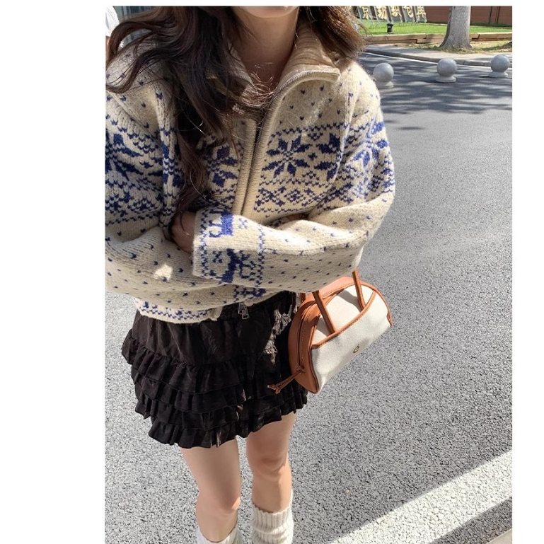 Áo Khoác cardigan Dệt Kim Cổ Đứng Phối Khóa Kéo Thêu Hình Hoa Tuyết Kiểu vintage Nhật Bản Thời Trang Thu Đông Cho Nữ