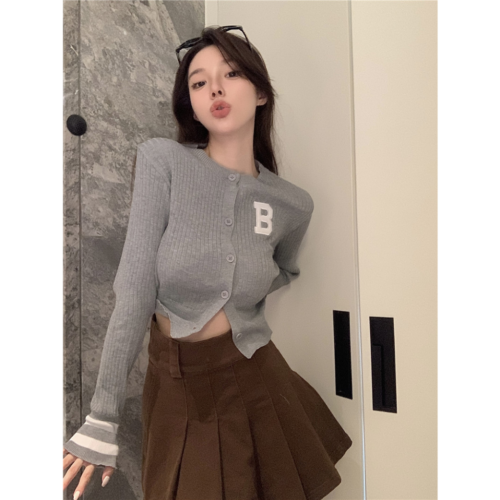 Lalisas Áo cardigan Dệt Kim Mỏng Tay Dài Thêu Chữ Dáng Ngắn Màu Sắc Tương Phản Phong Cách Hàn Quốc Thời Trang Cho Nữ