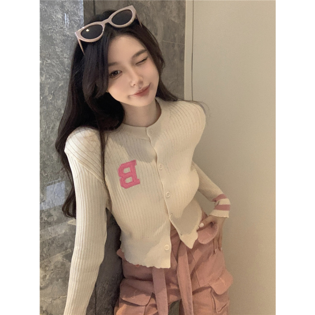 Lalisas Áo cardigan Dệt Kim Mỏng Tay Dài Thêu Chữ Dáng Ngắn Màu Sắc Tương Phản Phong Cách Hàn Quốc Thời Trang Cho Nữ