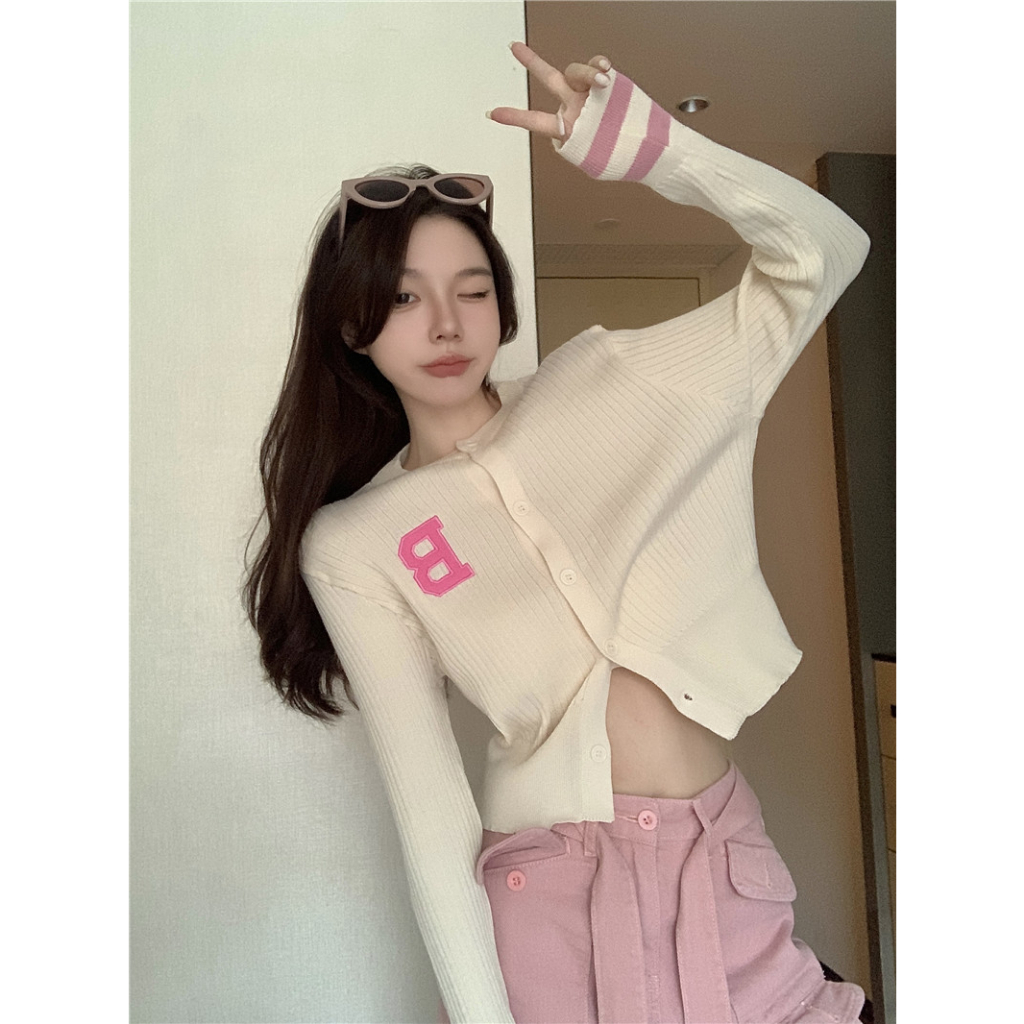 Lalisas Áo cardigan Dệt Kim Mỏng Tay Dài Thêu Chữ Dáng Ngắn Màu Sắc Tương Phản Phong Cách Hàn Quốc Thời Trang Cho Nữ