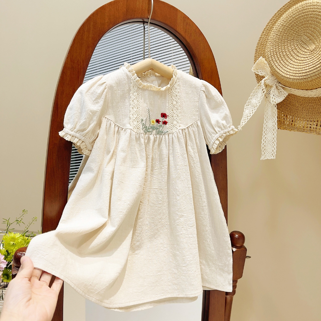 Dễ Thương Đầm Công Chúa Chất Liệu cotton Tay Phồng Thêu Họa Tiết Xinh Xắn Thời Trang Mùa Hè Cho Bé