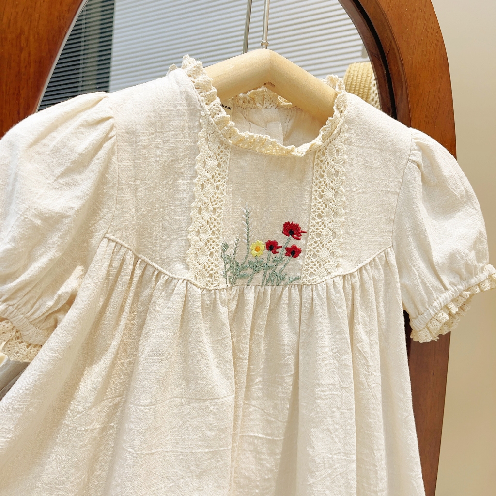 Dễ Thương Đầm Công Chúa Chất Liệu cotton Tay Phồng Thêu Họa Tiết Xinh Xắn Thời Trang Mùa Hè Cho Bé