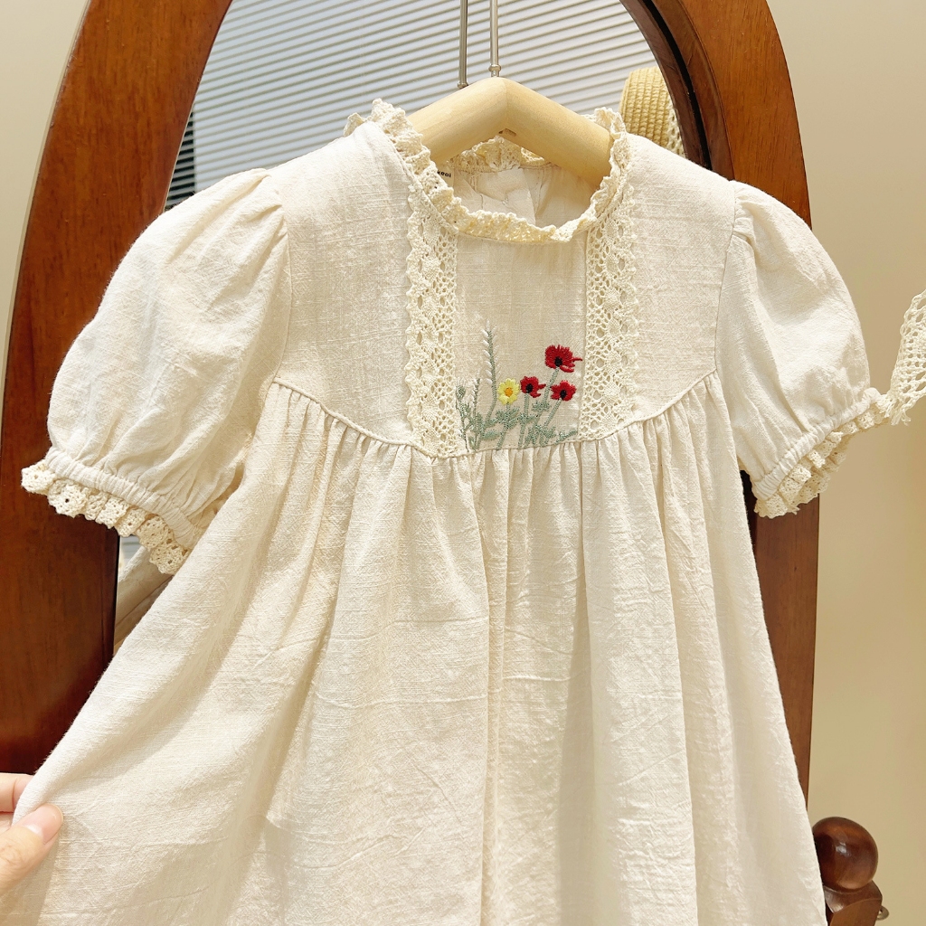 Dễ Thương Đầm Công Chúa Chất Liệu cotton Tay Phồng Thêu Họa Tiết Xinh Xắn Thời Trang Mùa Hè Cho Bé