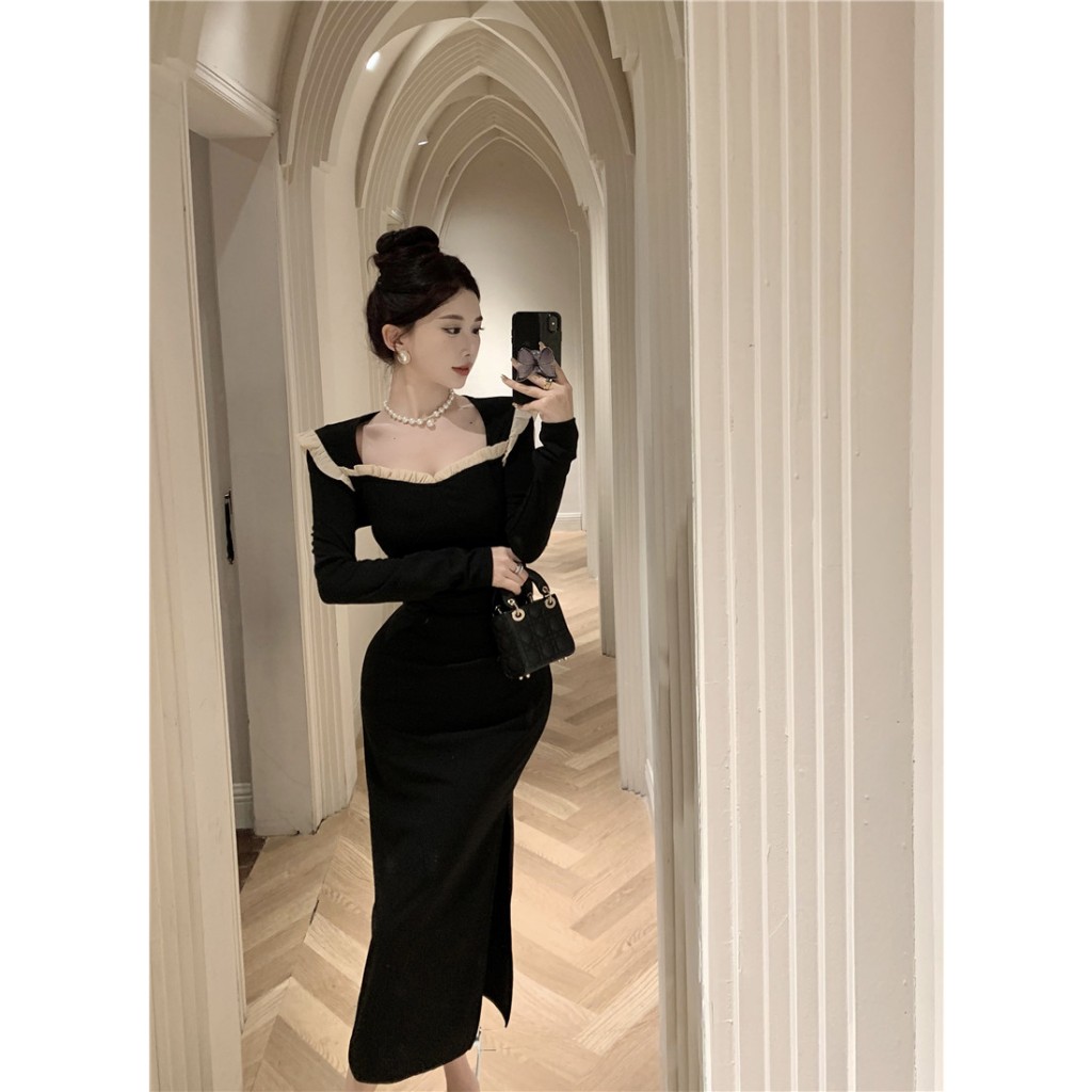 Đầm Nhung Đen Dài Ngang Hông Tay Dài Cổ Tròn Ôm Dáng Phối Ren Trang Trí Gợi Cảm Phong Cách Hàn Quốc Dành Cho Bạn Nữ