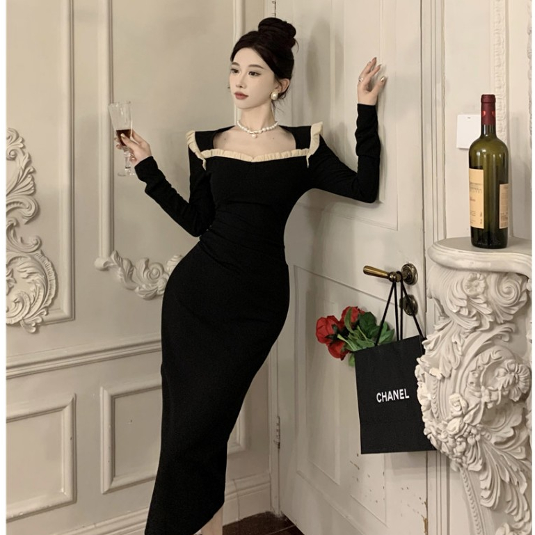 Đầm Nhung Đen Dài Ngang Hông Tay Dài Cổ Tròn Ôm Dáng Phối Ren Trang Trí Gợi Cảm Phong Cách Hàn Quốc Dành Cho Bạn Nữ